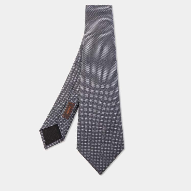 Pre Owned Hermès Charcoal Grey Mega Chariot Silk Jacquard Slim Tie