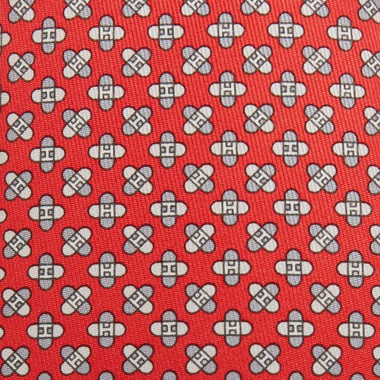 Pre Owned Hermes Red Drone Print Silk Skinny Tie