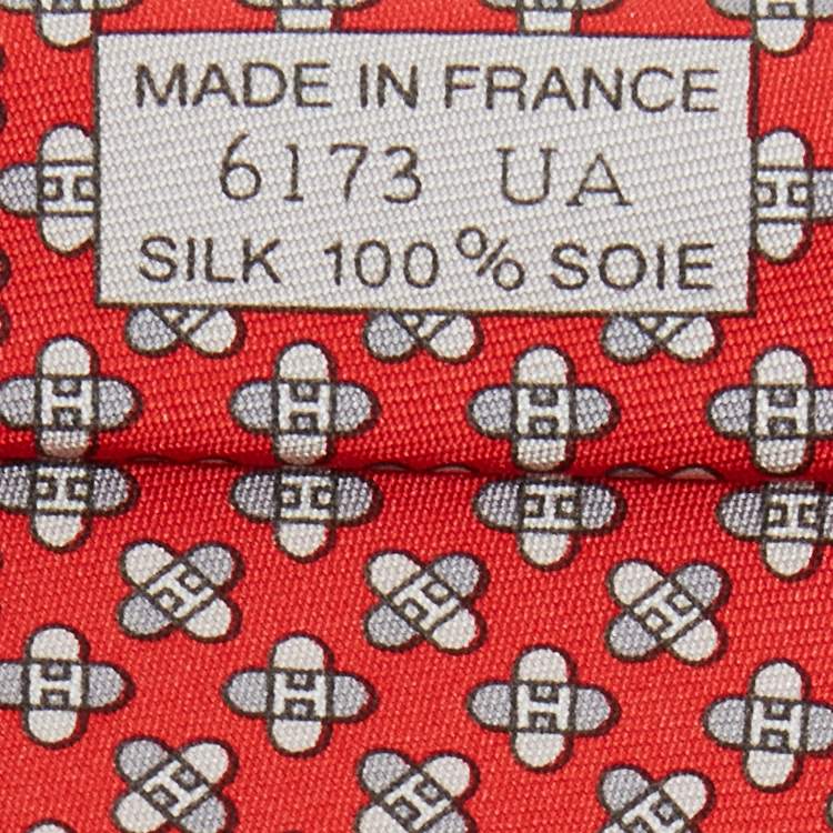 Pre Owned Hermes Red Drone Print Silk Skinny Tie