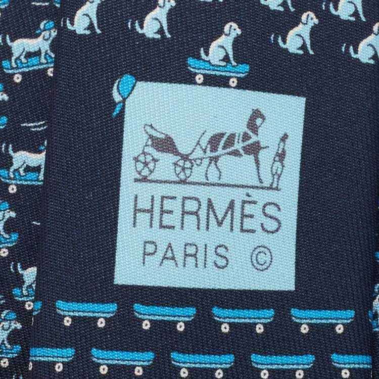 Pre Owned Hermes Navy Blue Roller Dog Print Silk Skinny Tie