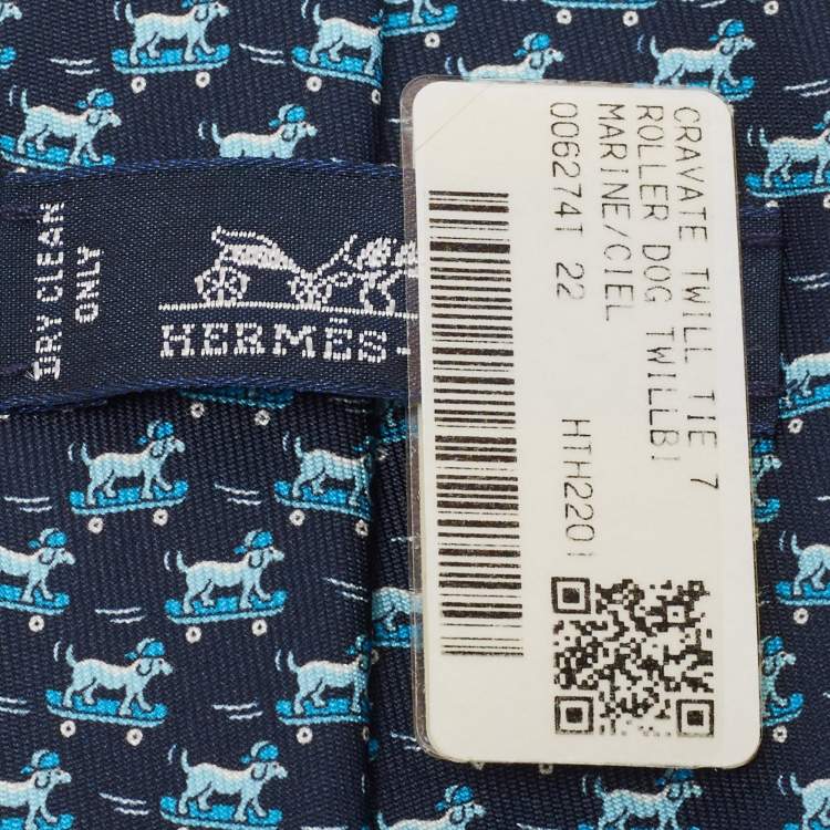 Pre Owned Hermes Navy Blue Roller Dog Print Silk Skinny Tie