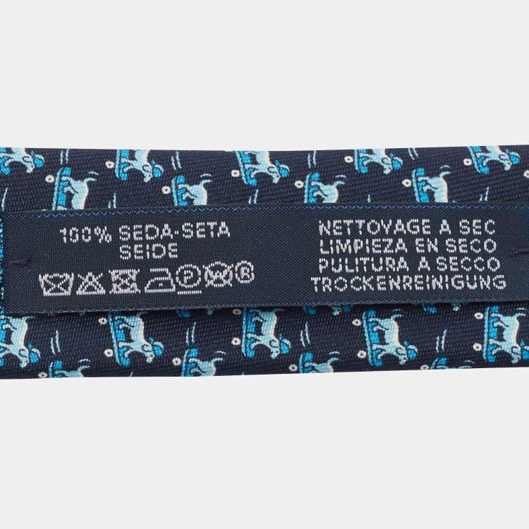 Pre Owned Hermes Navy Blue Roller Dog Print Silk Skinny Tie