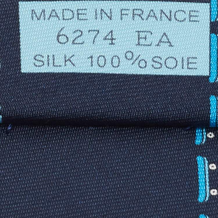 Pre Owned Hermes Navy Blue Roller Dog Print Silk Skinny Tie