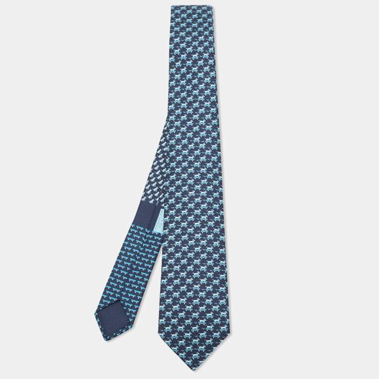 Pre Owned Hermes Navy Blue Roller Dog Print Silk Skinny Tie