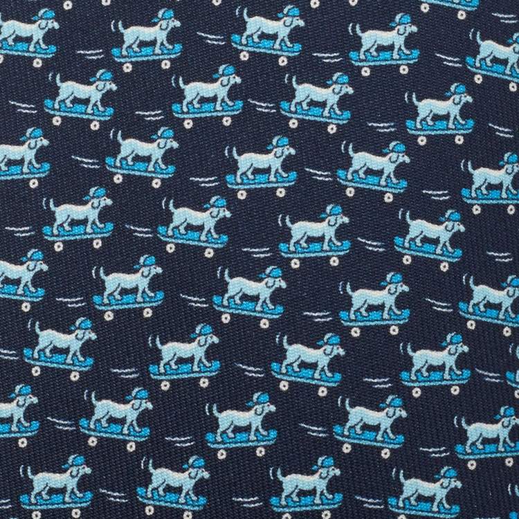Pre Owned Hermes Navy Blue Roller Dog Print Silk Skinny Tie