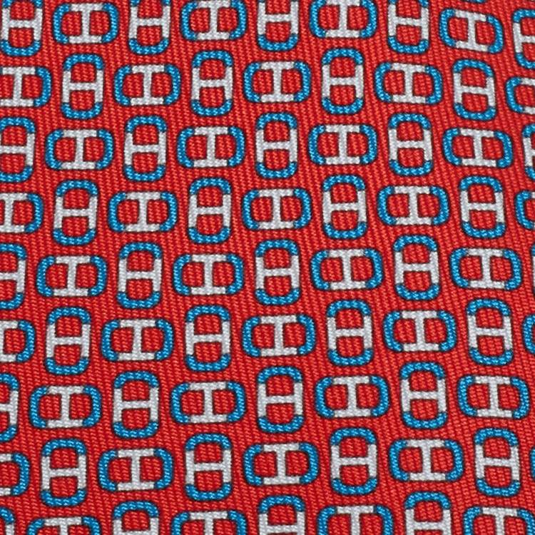 Pre Owned Hermès Red H Maillon Print Silk Tie
