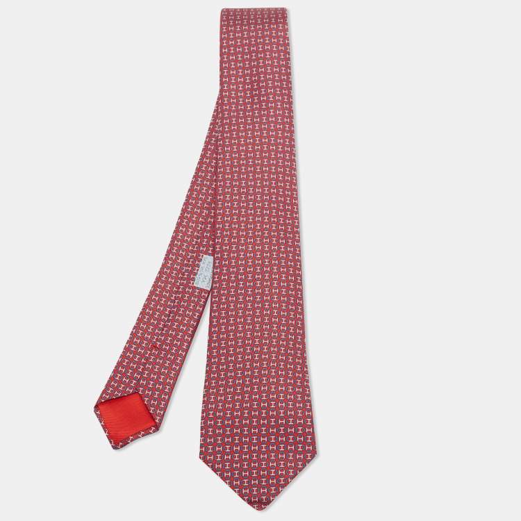 Pre Owned Hermès Red H Maillon Print Silk Tie