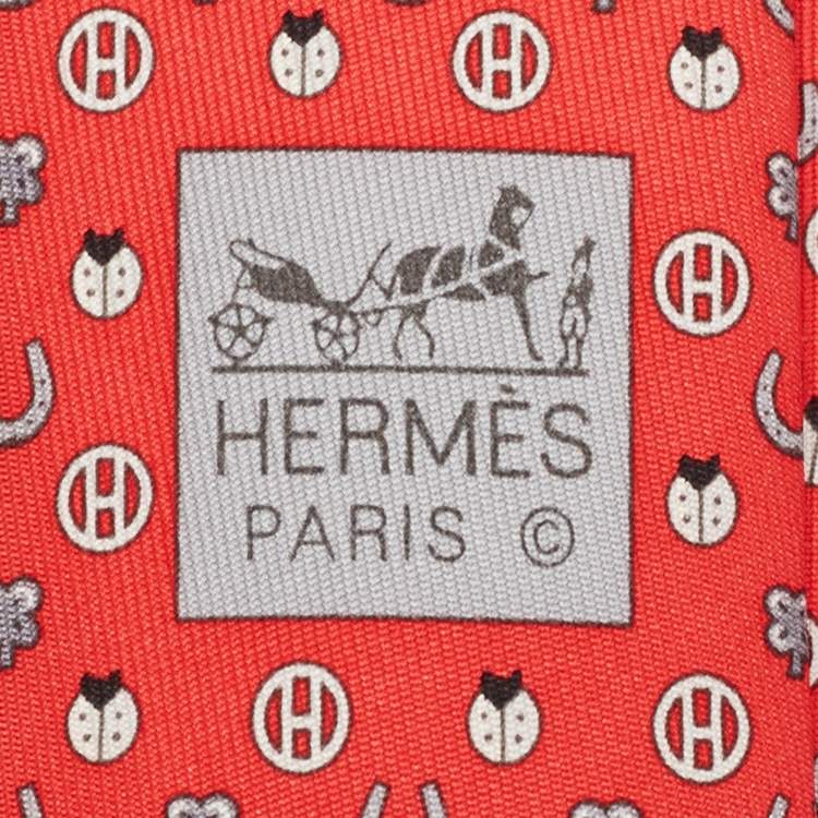 Pre Owned Hermès Red Job Interview Print Silk Skinny Tie