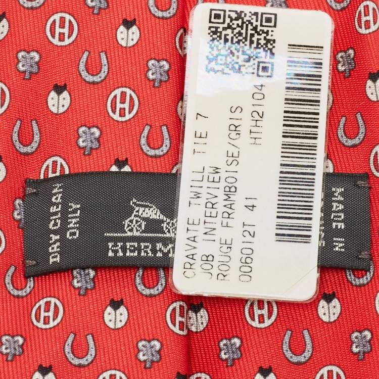 Pre Owned Hermès Red Job Interview Print Silk Skinny Tie