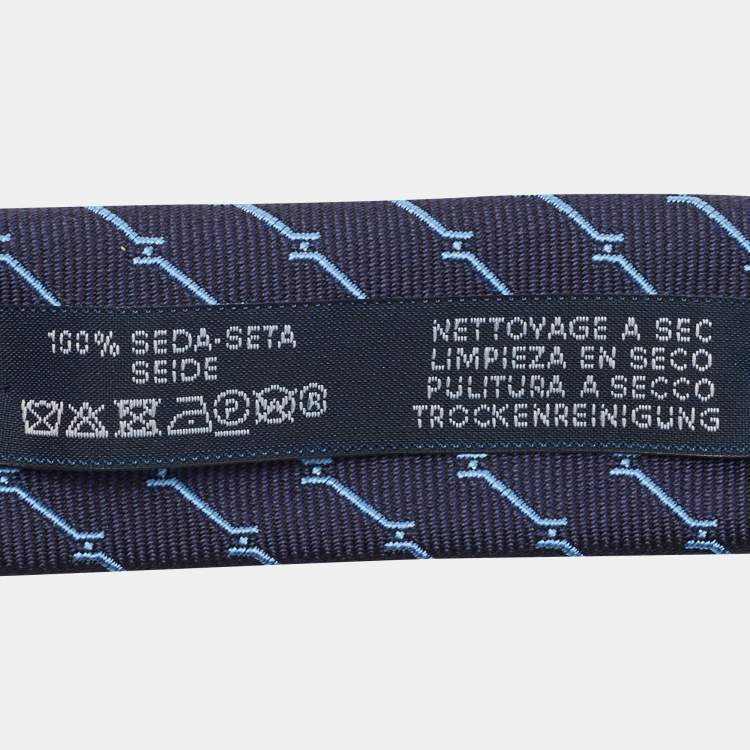 Pre Owned Hermès Navy Blue H Quadrige Patterned Silk Super Skinny Tie