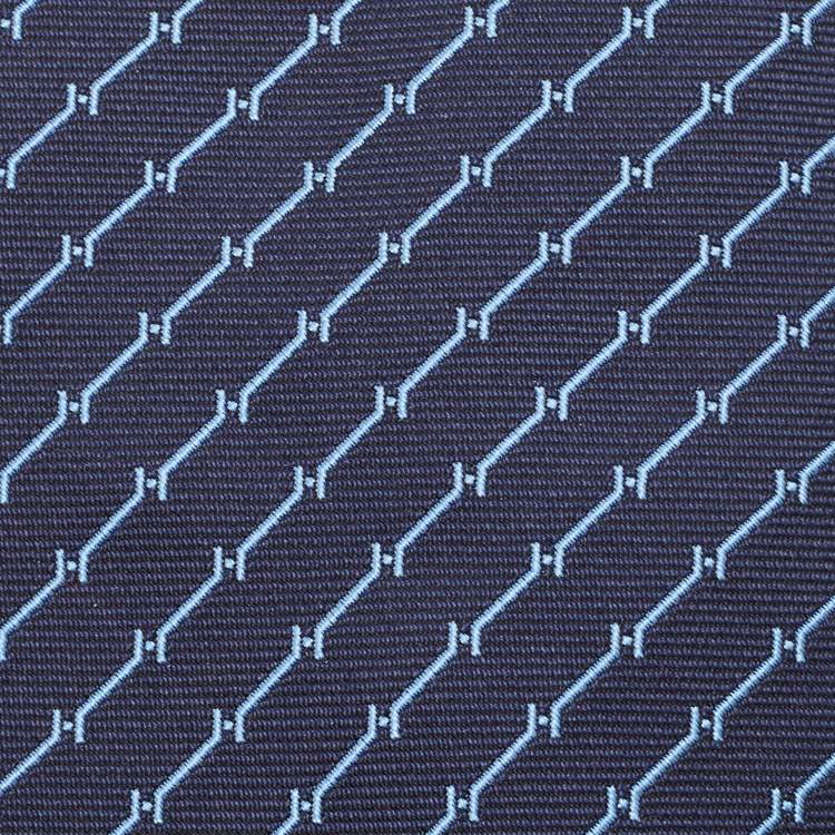 Pre Owned Hermès Navy Blue H Quadrige Patterned Silk Super Skinny Tie