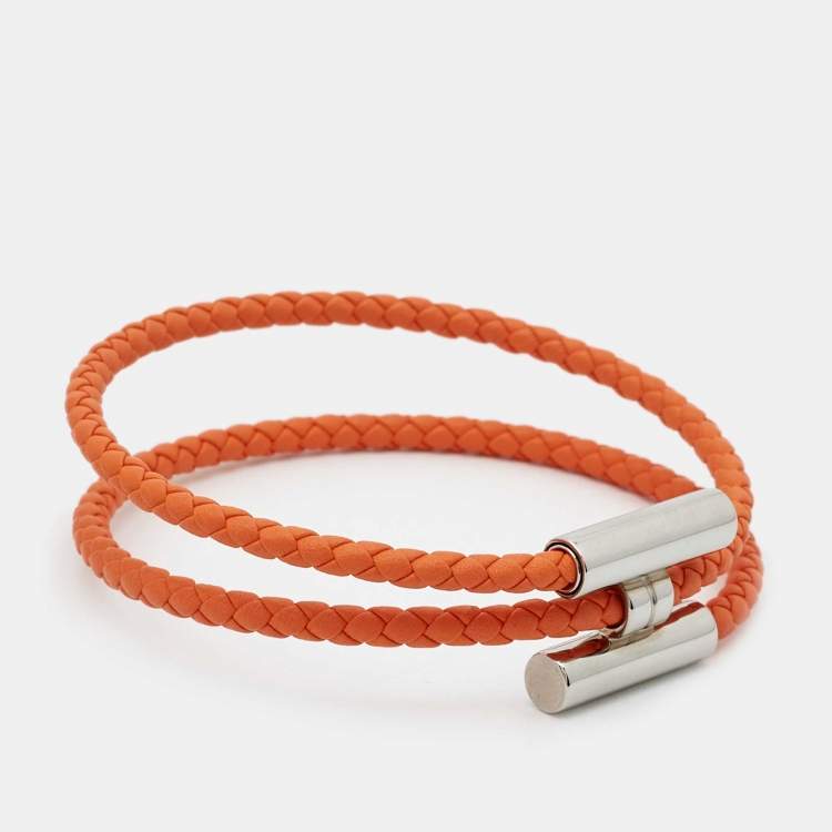 Pre Owned Hermes Tournis Tresse Orange Leather Palladium Plated Bracelet