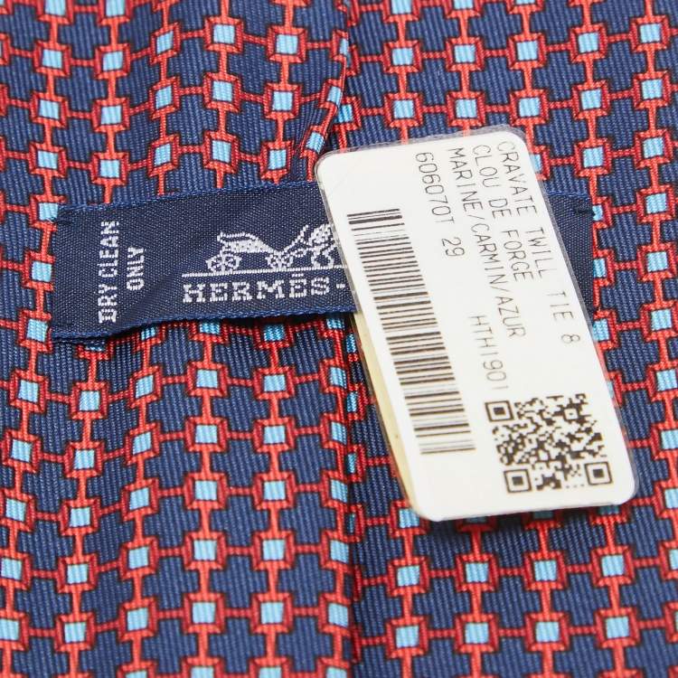 Pre Owned Hermes Navy Blue Print Silk Clou De Forge Tie 
