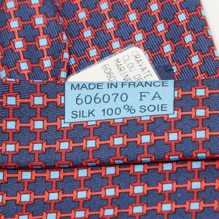 Pre Owned Hermes Navy Blue Print Silk Clou De Forge Tie 
