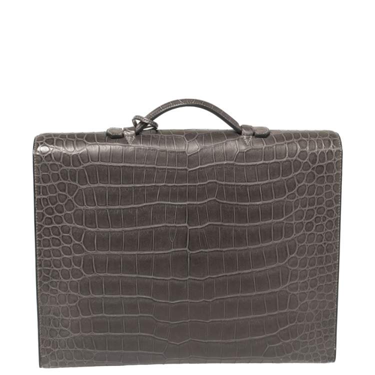 Pre Owned Hermes Graphite Matte Crocodile Porosus  Brushed Paladium Sac A Depeches 37 Briefcase