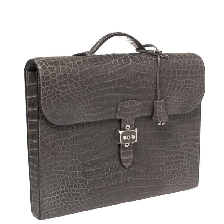 Pre Owned Hermes Graphite Matte Crocodile Porosus  Brushed Paladium Sac A Depeches 37 Briefcase
