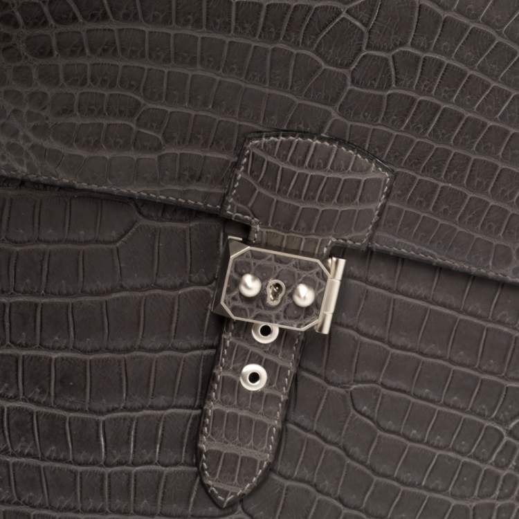 Pre Owned Hermes Graphite Matte Crocodile Porosus  Brushed Paladium Sac A Depeches 37 Briefcase