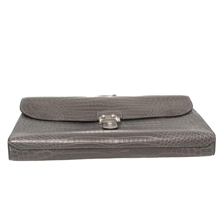 Pre Owned Hermes Graphite Matte Crocodile Porosus  Brushed Paladium Sac A Depeches 37 Briefcase