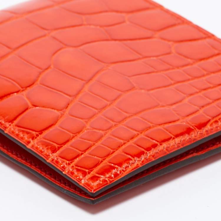 Pre Owned Hermes Geranium Shiny Alligator Mc2 Copernic Bifold Wallet
