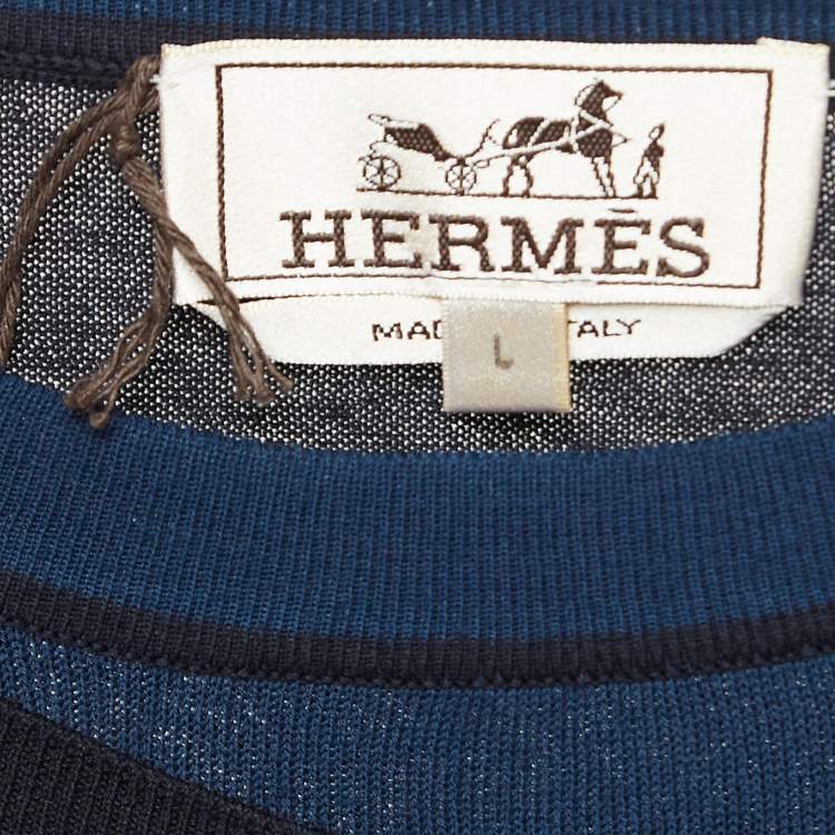 Pre Owned Hermes Navy Blue Cotton Knit Superpose Pullover L