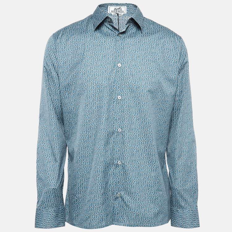 Pre Owned Hermes Blue Printed Cotton Long Sleeve Shirt L