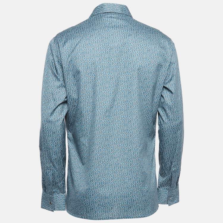Pre Owned Hermes Blue Printed Cotton Long Sleeve Shirt L