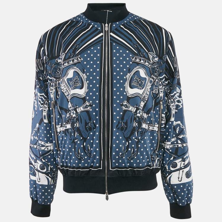 Pre Owned Hermes Blue Cotton and Nylon Reversible Zip-Up Cheval Punk Bandana Jacket XL