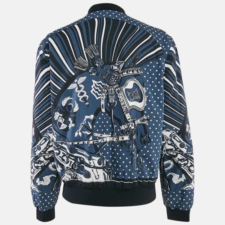Pre Owned Hermes Blue Cotton and Nylon Reversible Zip-Up Cheval Punk Bandana Jacket XL