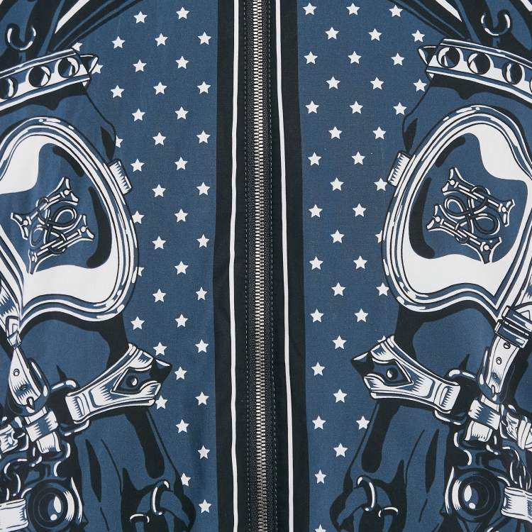 Pre Owned Hermes Blue Cotton and Nylon Reversible Zip-Up Cheval Punk Bandana Jacket XL
