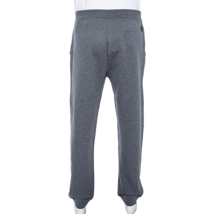 Pre Owned Hermes Grey Cotton & Leather Detailed Rib Knit Trimmed Joggers L