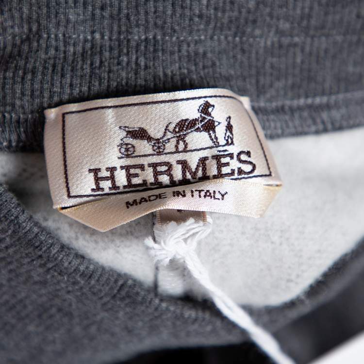 Pre Owned Hermes Grey Cotton & Leather Detailed Rib Knit Trimmed Joggers L