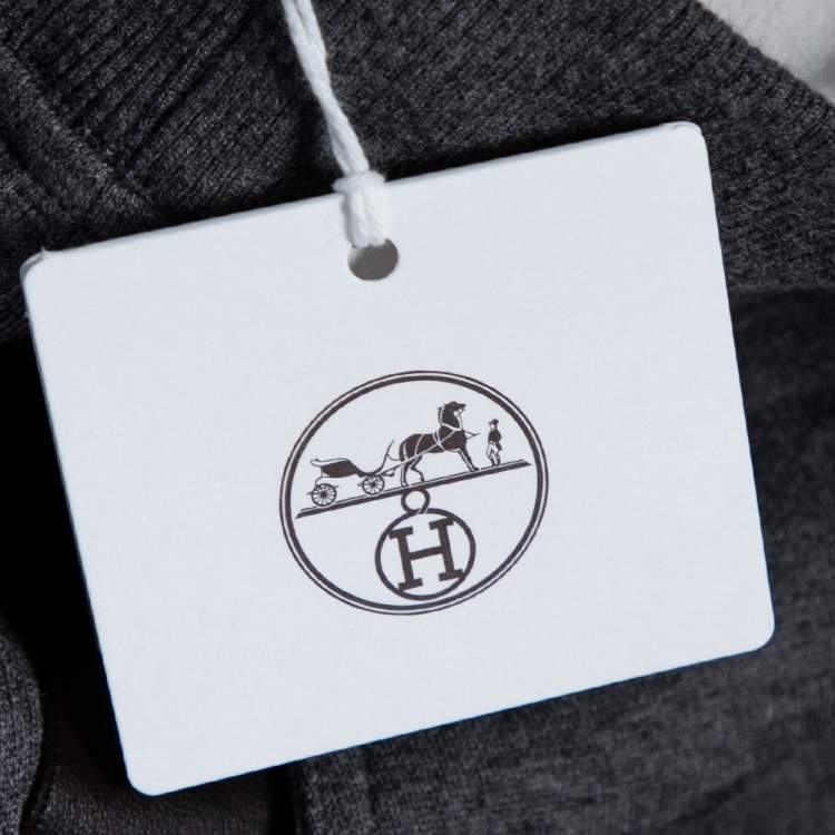Pre Owned Hermes Grey Cotton & Leather Detailed Rib Knit Trimmed Joggers L