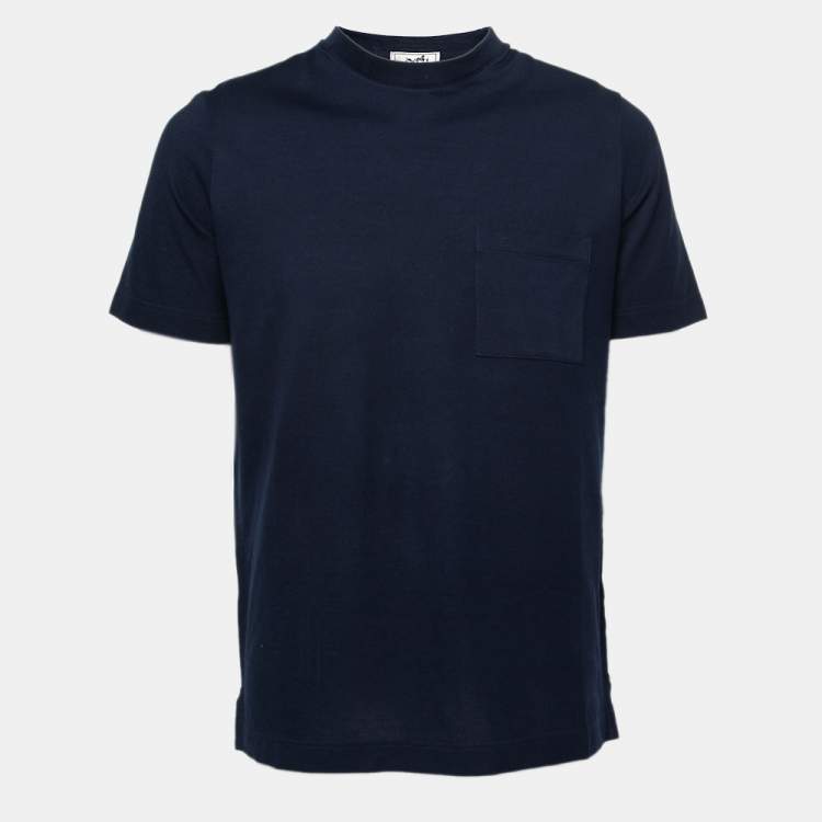 Pre Owned Hermes Navy Blue Cotton Pocket Detail V-Neck T-Shirt M