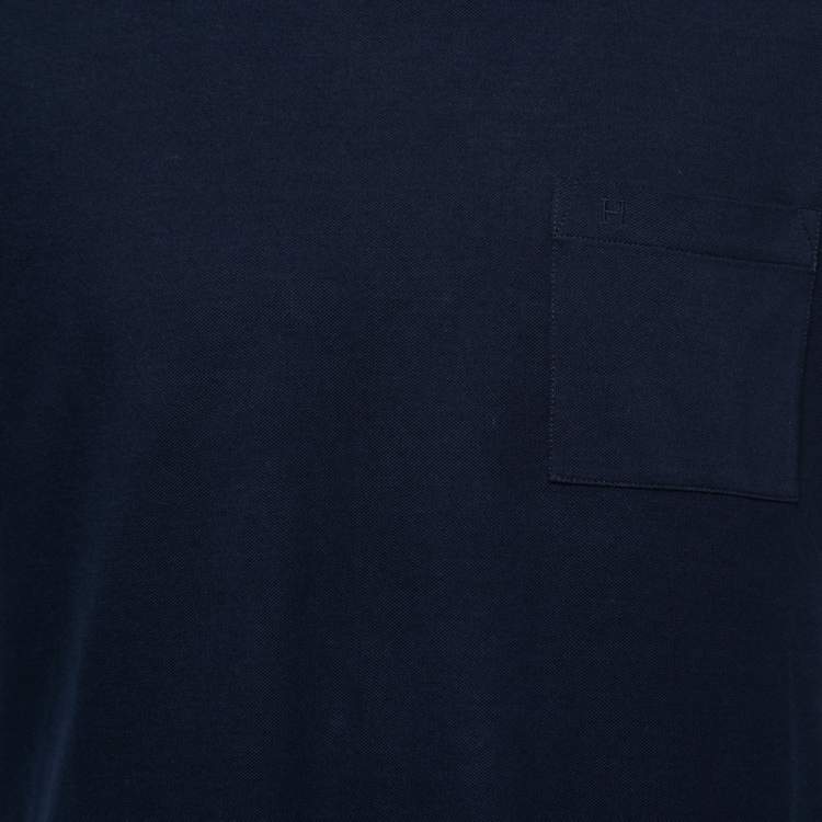 Pre Owned Hermes Navy Blue Cotton Pocket Detail V-Neck T-Shirt M
