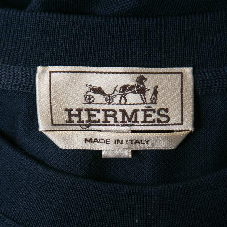 Pre Owned Hermes Navy Blue Cotton Pocket Detail V-Neck T-Shirt M