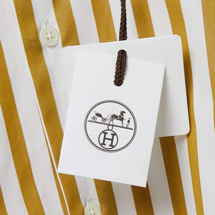 Pre Owned Hermes Yellow Striped Cotton Round Neck Shirt L