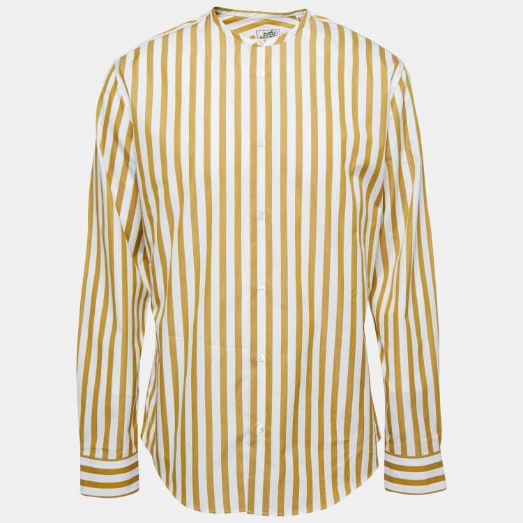 Pre Owned Hermes Yellow Striped Cotton Round Neck Shirt L