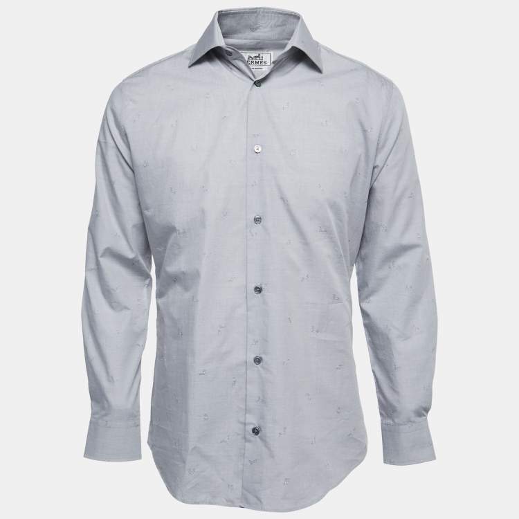 Pre Owned Hermes Grey Horse Patterned Cotton Button Front Shirt M