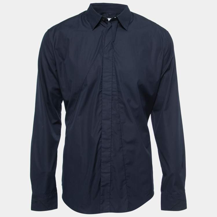 Pre Owned Hermes Navy Blue Poplin Origami Detail Button Front Shirt L