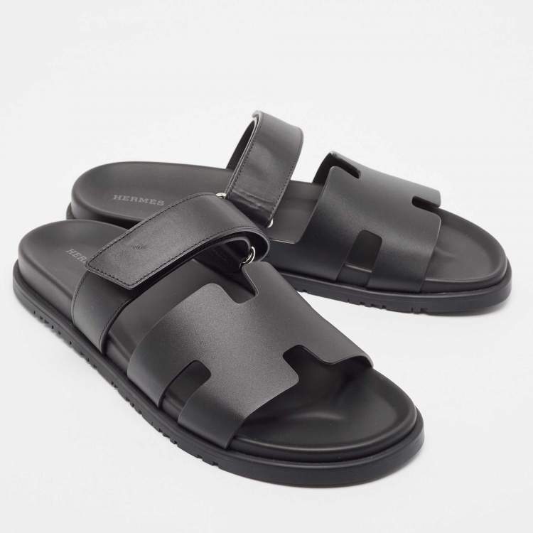 Pre Owned Hermes Black Leather Chypre Sandals Size 45.5