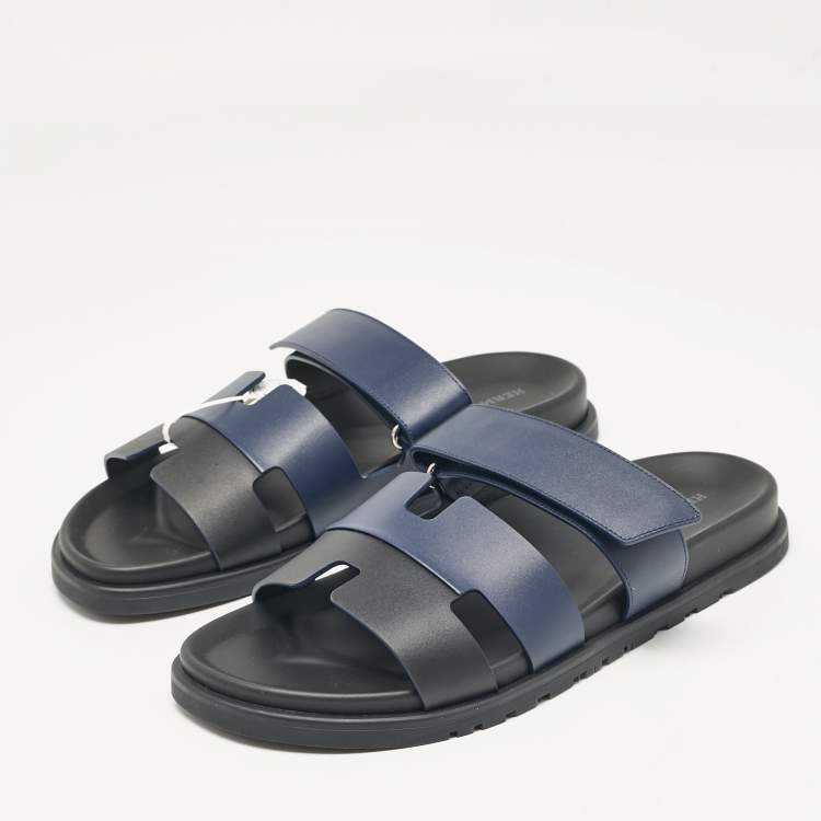 Pre Owned Hermès Navy Blue/Black Leather Chypre Sandals Size 42