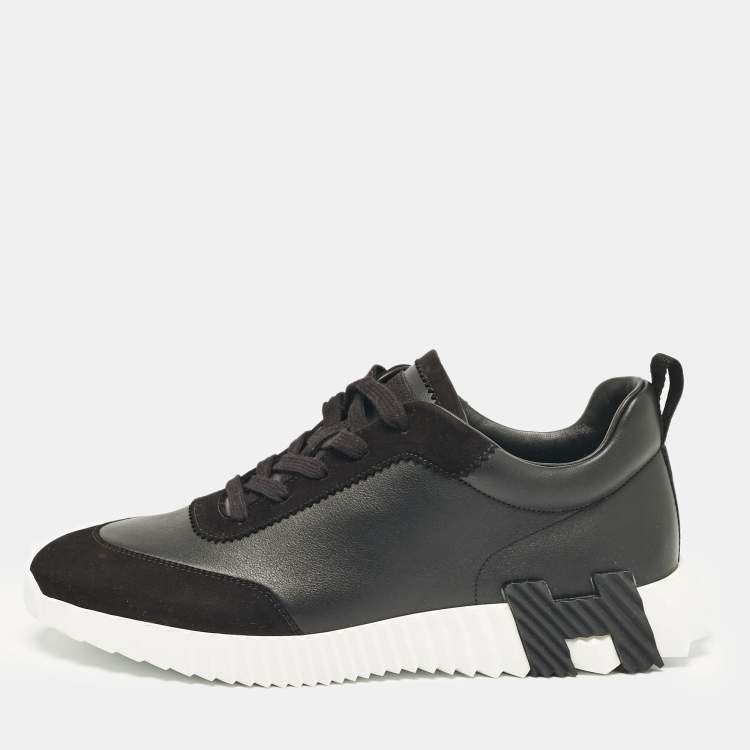 Pre Owned Hermes Black Leather and Suede Bouncing Sneakers Size 43