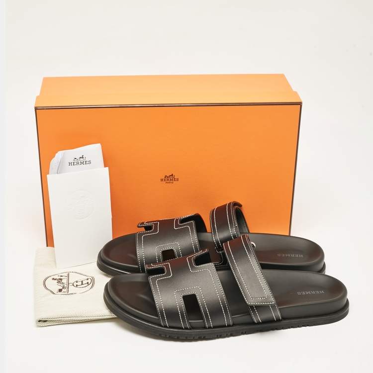 Pre Owned Hermes Black Leather Chypre Sandals Size 46