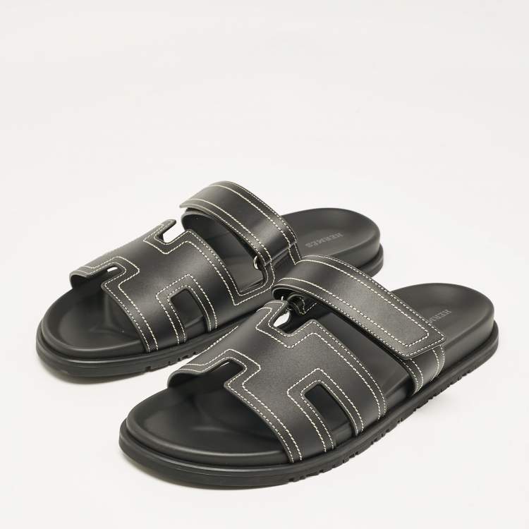 Pre Owned Hermes Black Leather Chypre Sandals Size 46