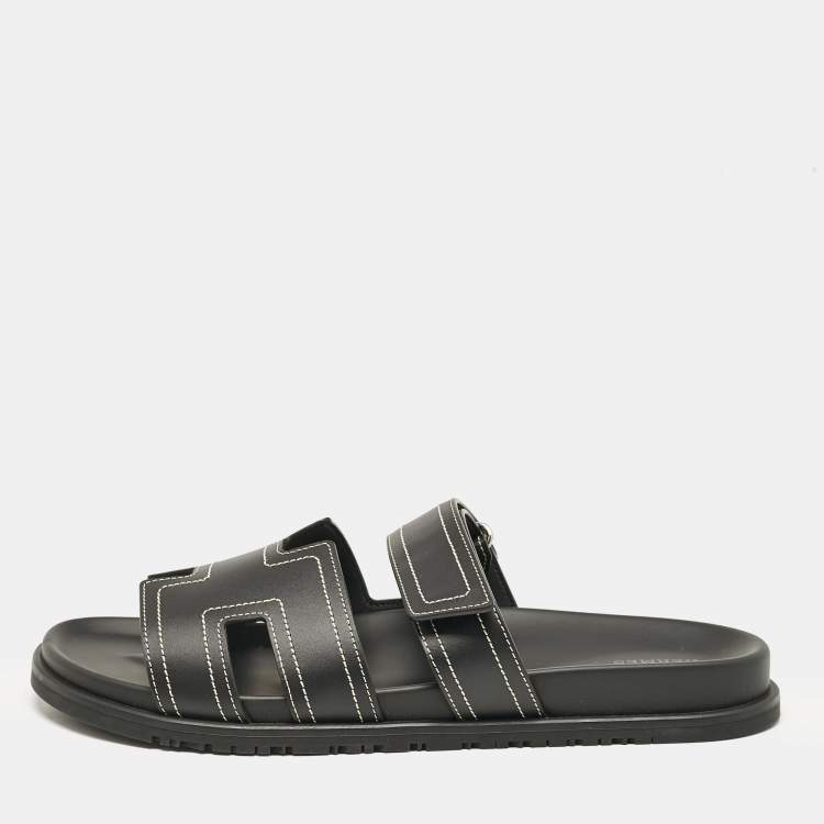 Pre Owned Hermes Black Leather Chypre Sandals Size 46