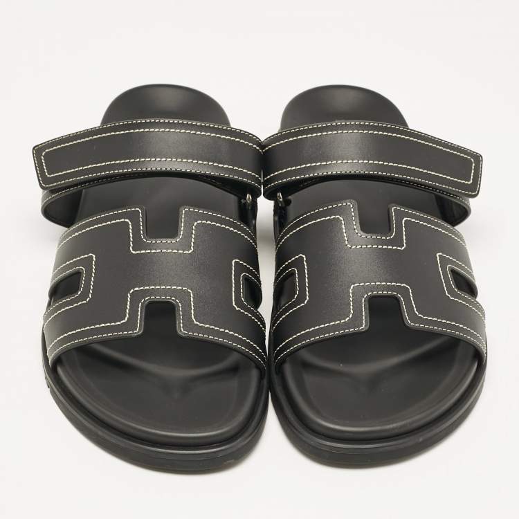 Pre Owned Hermes Black Leather Chypre Sandals Size 46