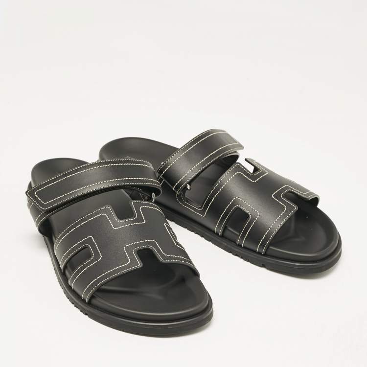 Pre Owned Hermes Black Leather Chypre Sandals Size 46