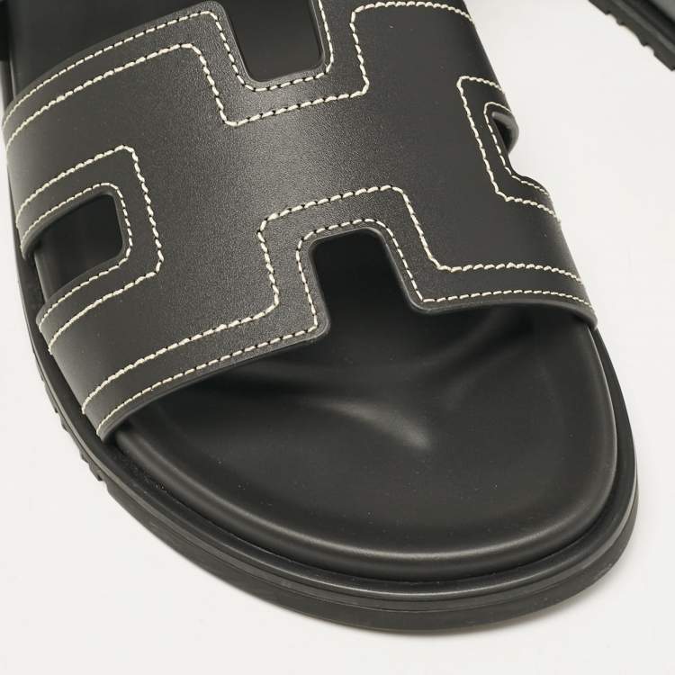 Pre Owned Hermes Black Leather Chypre Sandals Size 46