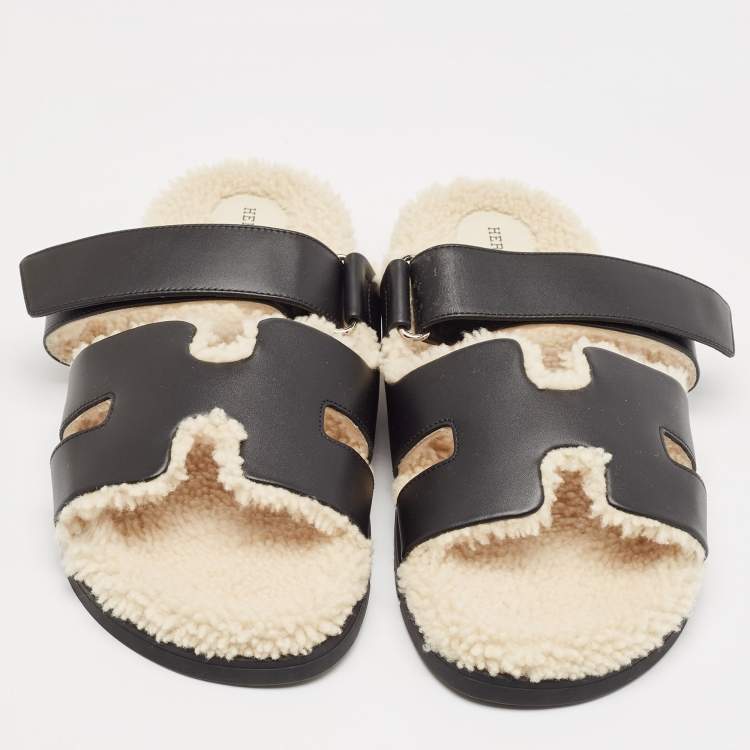 Pre Owned Hermes Black Leather and Shearling Fur Lined Chypre Sandals Size 45.5