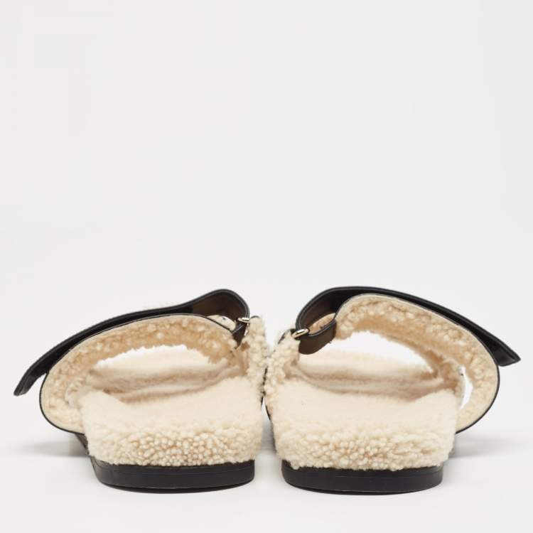 Pre Owned Hermes Black Leather and Shearling Fur Lined Chypre Sandals Size 45.5